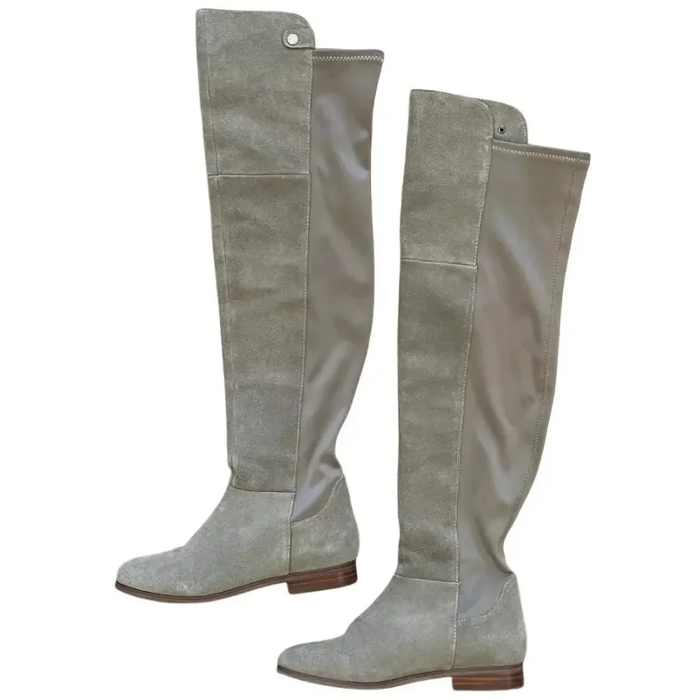 Chinese Laundry Robin Over Knee Suede Boot 6.5 Stretch Panel Pull On Riding Gray